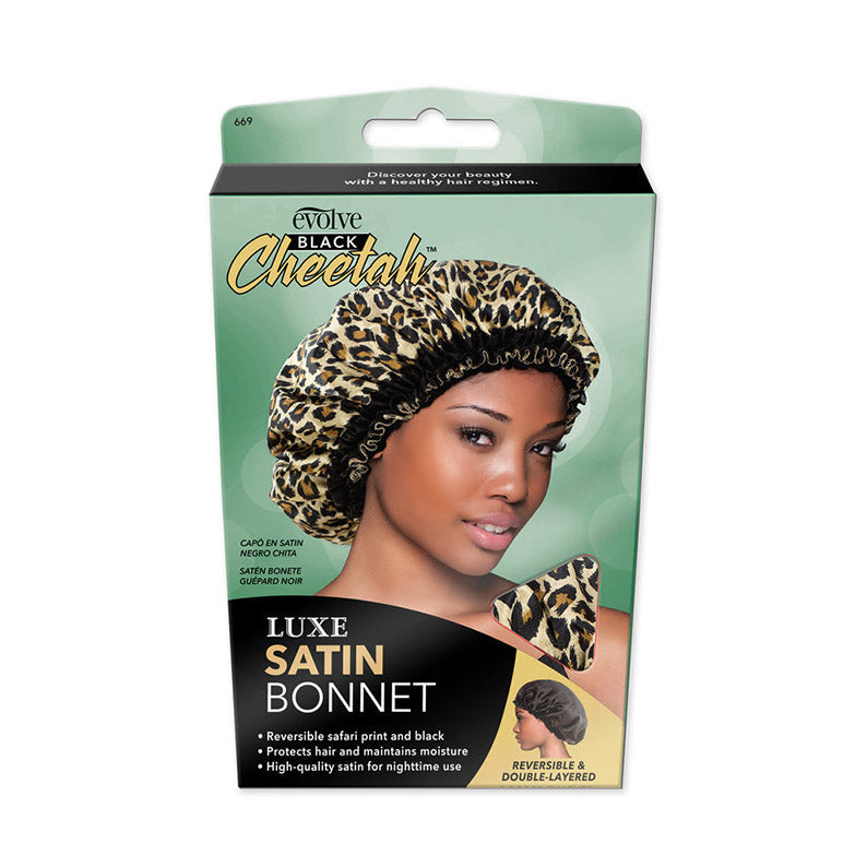 FIRSTLINE EVOLVE® Black Cheetah Satin Reversible Bonnet #0668